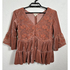 POL Top Womens Small Brown Velvet 3/4 Bell Sleeve Embroidered Floral Bohemian
